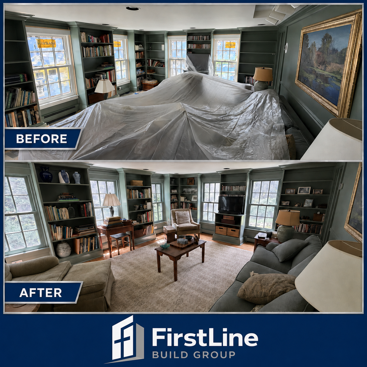 Library & Built-Ins Repaint — completed by FirstLine Build Group in Dutchess County, NY