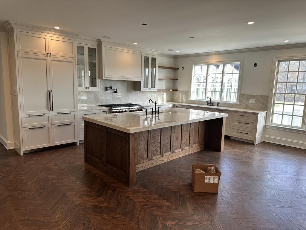 Kitchen Remodel — Custom Cabinetry, Marble & Herringbone Floors — completed by FirstLine Build Group in Poughquag, NY